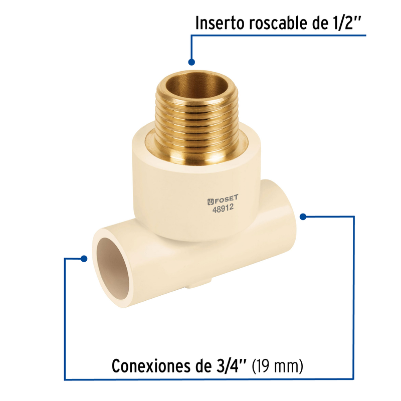 Tee reducida CPVC latón rosca exterior 3/4x3/4x1/2"