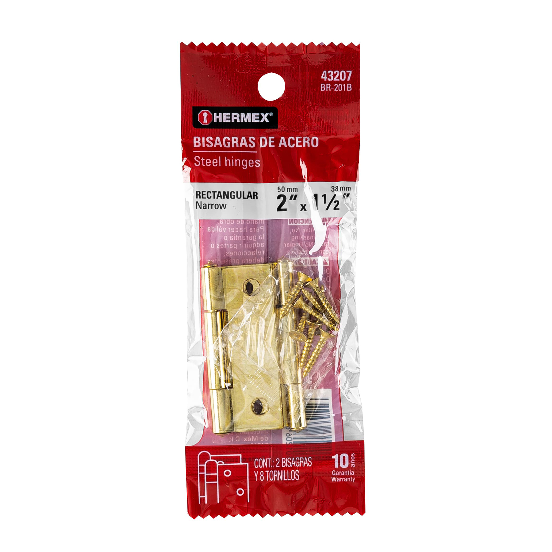 Bisagra rectangular 2", latón, blister con 2 pzas
