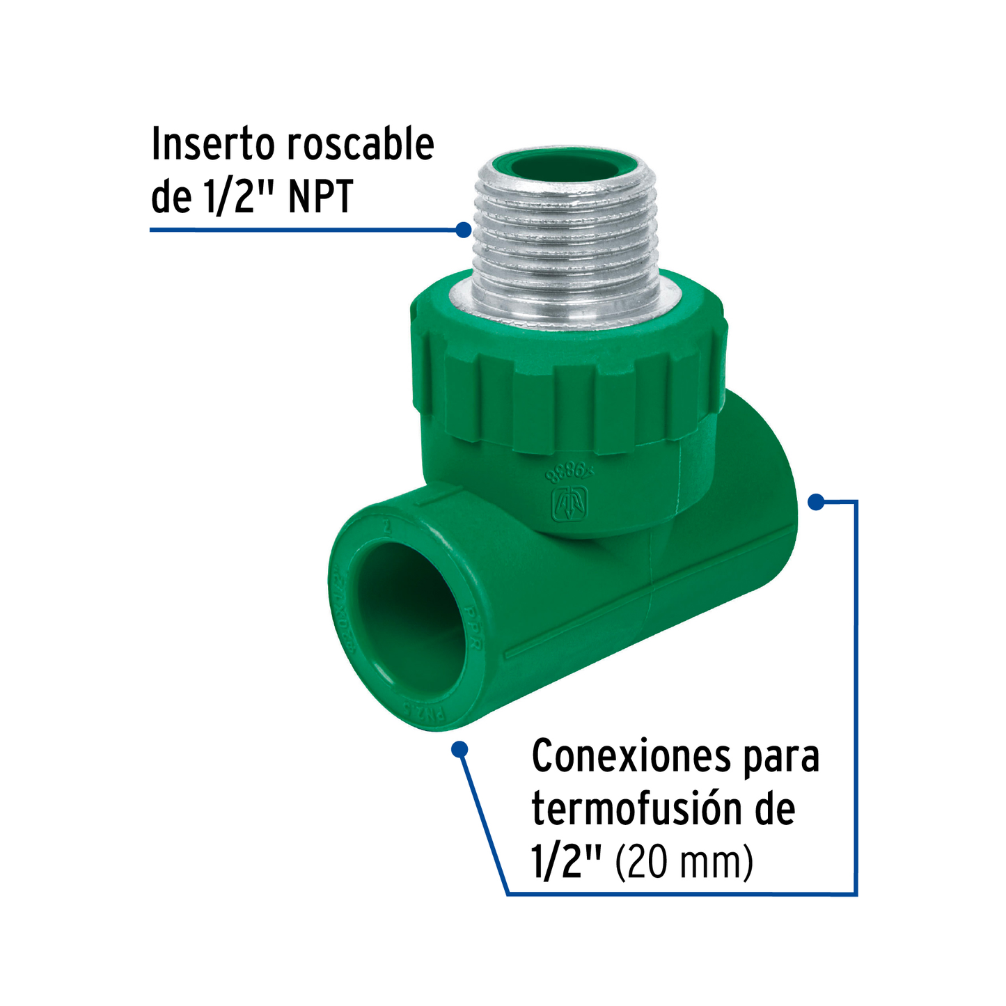 Tee de PPR, 1/2", 20mm, macho