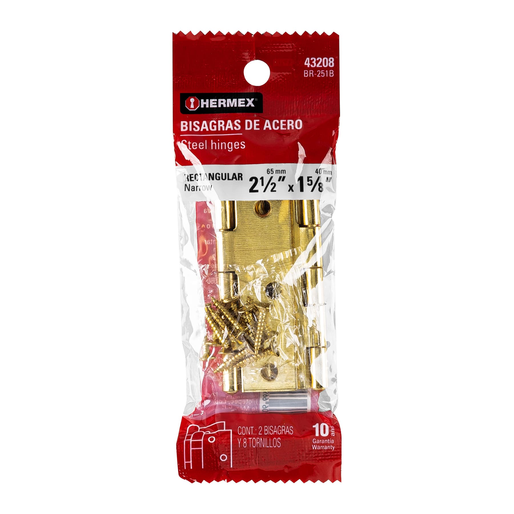 Bisagra rectangular 2-1/2", latón, blister con 2 pzas