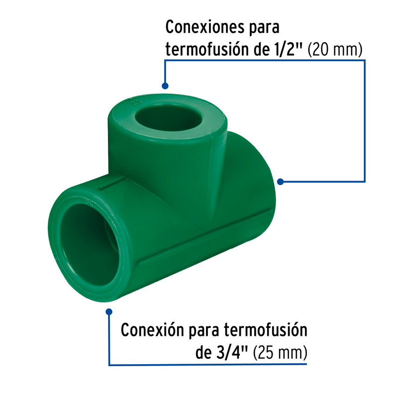 Tee de PPR reducida, 3/4"x1/2"X1/2", 25x20x20mm