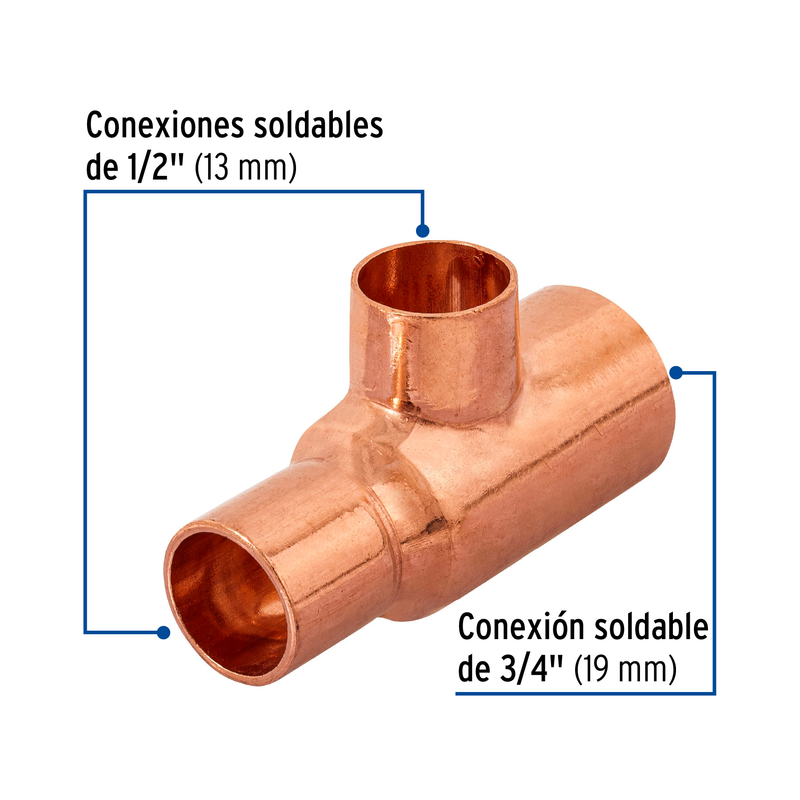 Tee de cobre reducida, 3/4" x 1/2" x 1/2"