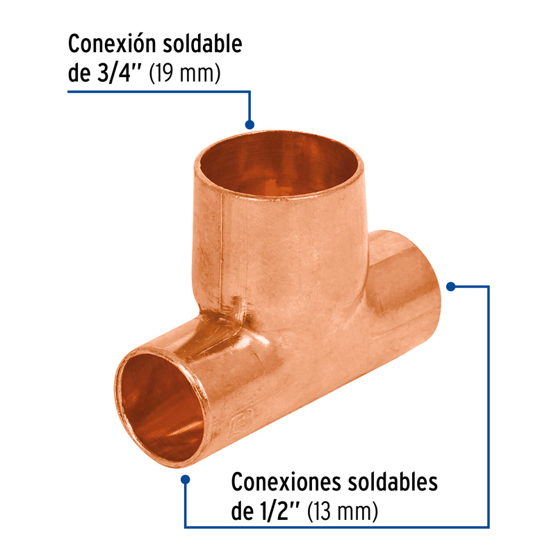 Tee de cobre reducida, 1/2" x 1/2" x 3/4"