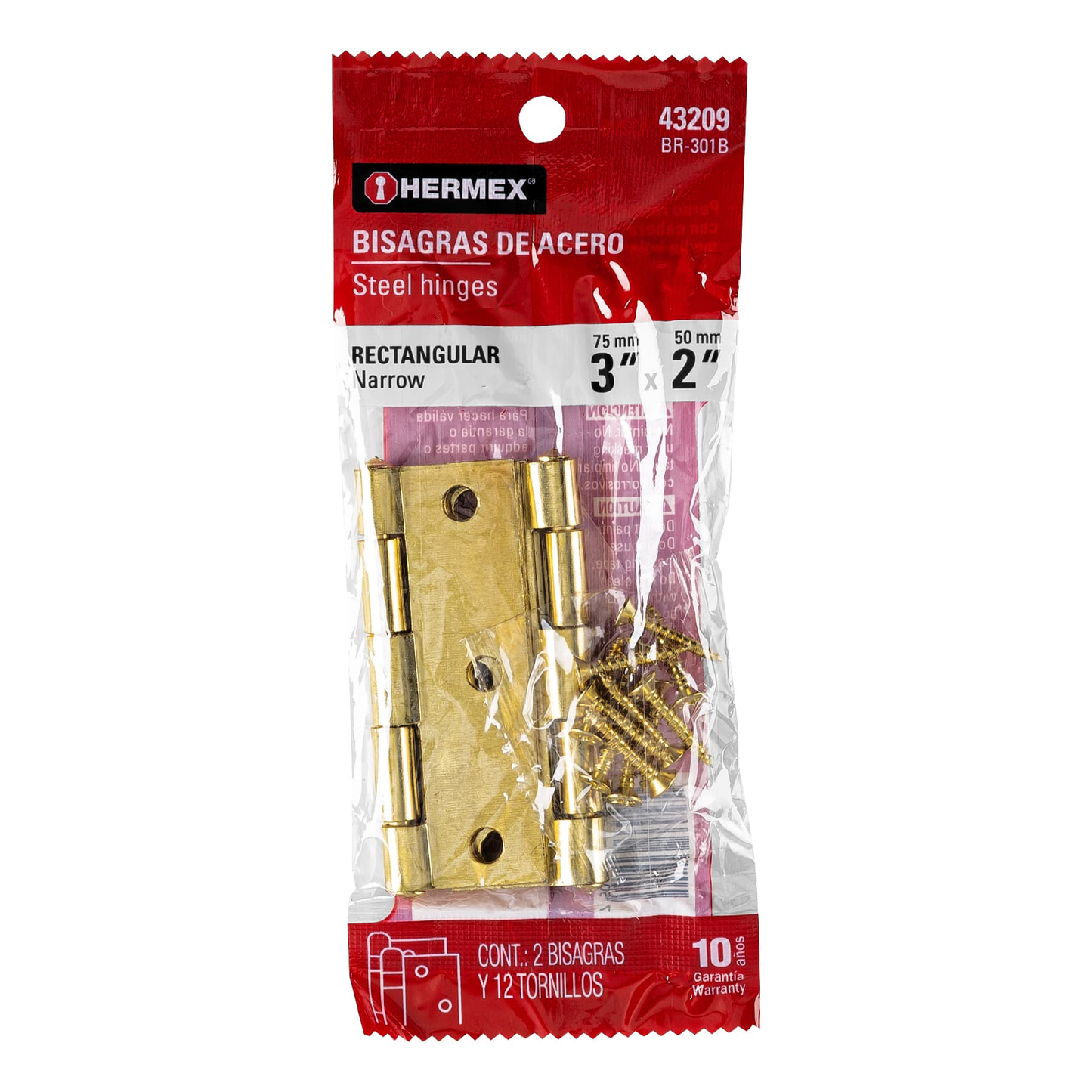Bisagra rectangular 3", latón, blister con 2 pzas