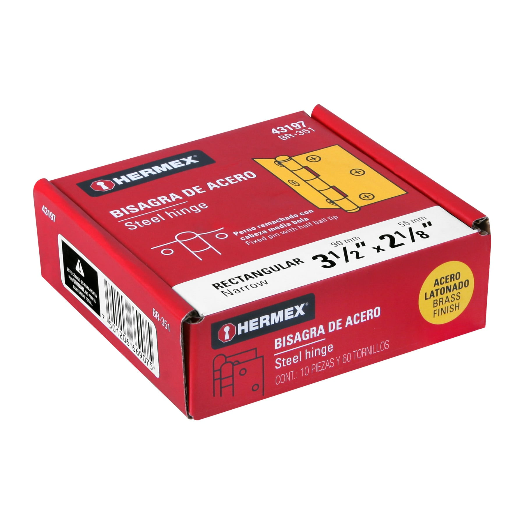 Bisagra rectangular 3-1/2", acero latonado