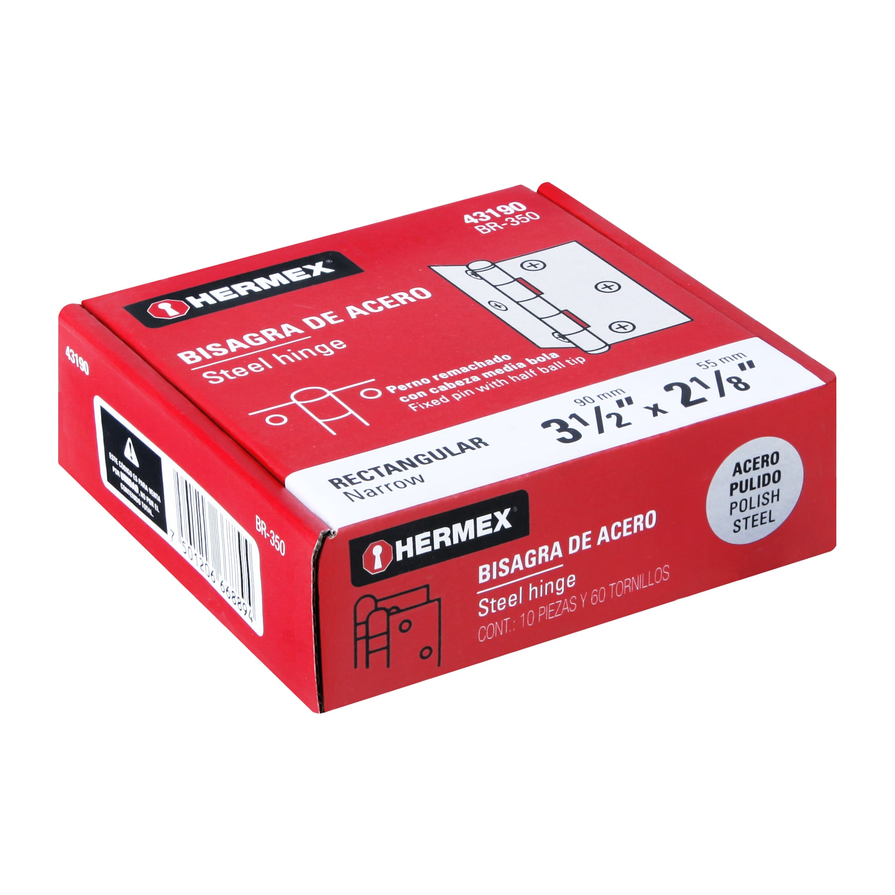 Bisagra rectangular 3-1/2", acero pulido
