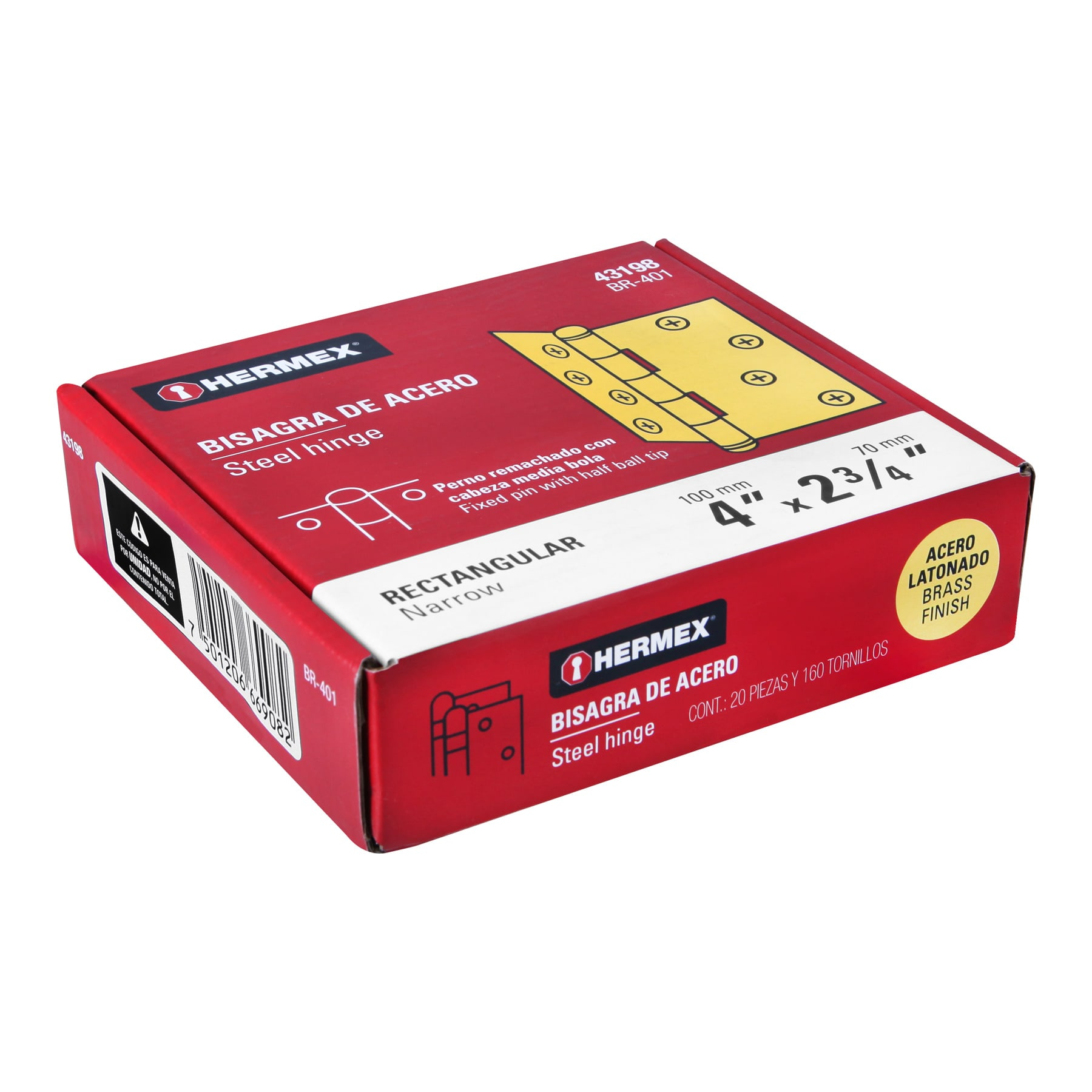 Bisagra rectangular 4", acero latonado