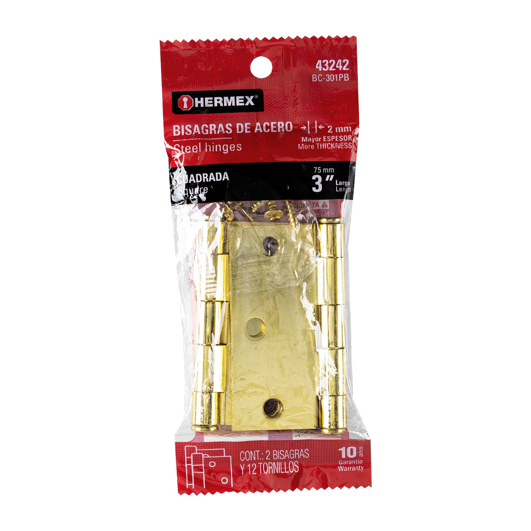 Bisagras cuadradas 3", acero latonado, plana, blíster 2