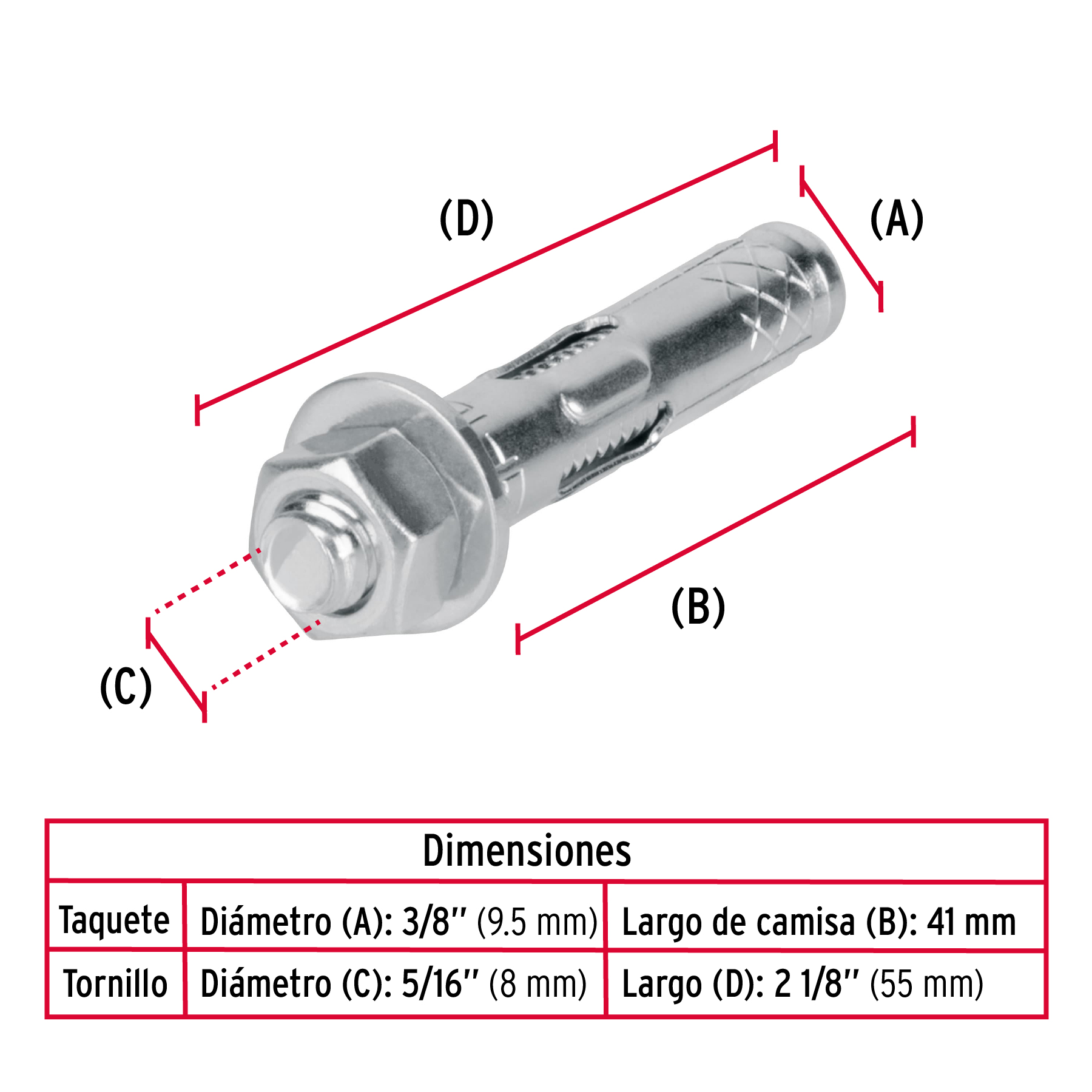 Taquete de expansión, 5/16",con tornillo, bolsa 4 pzas