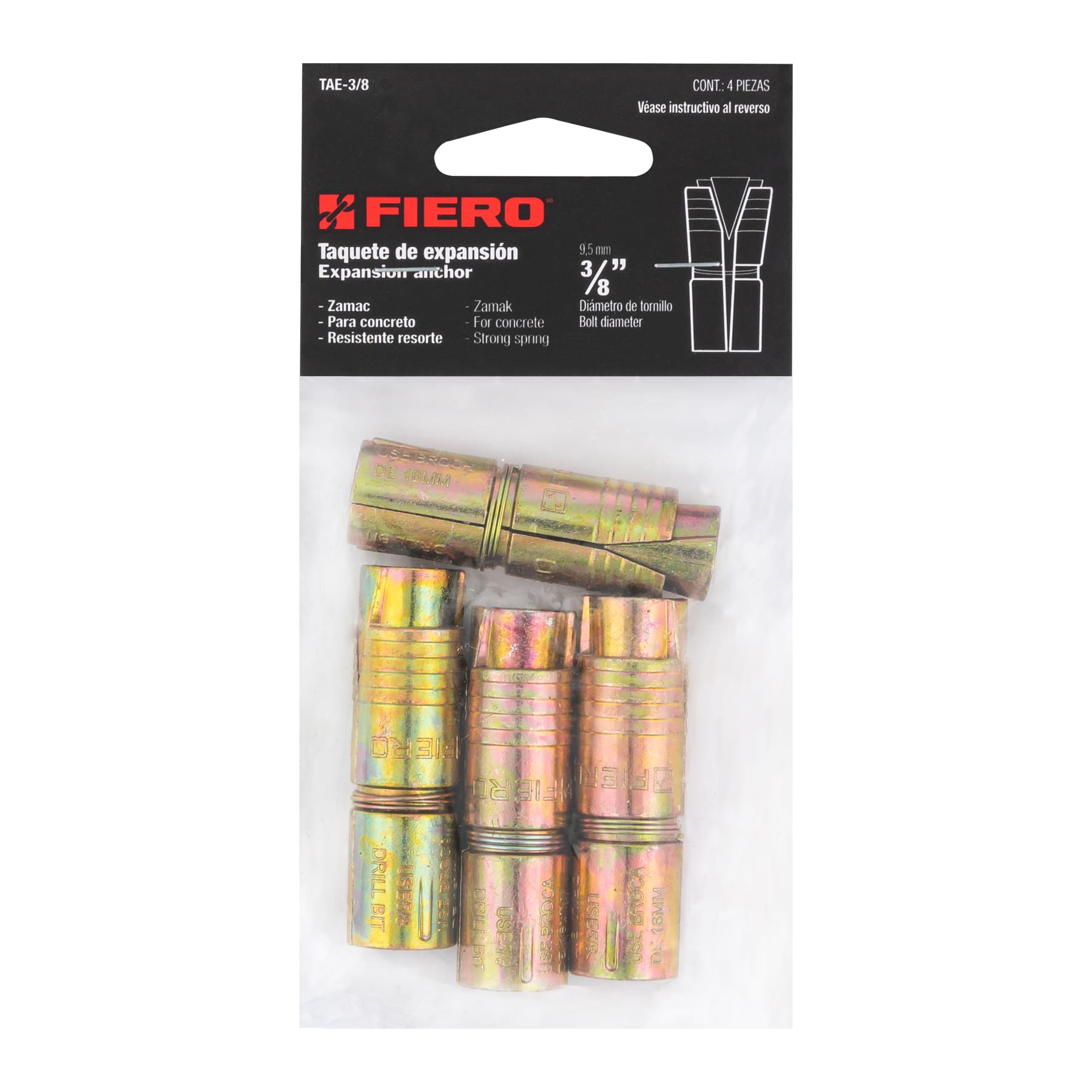 Taquete de expansión, 3/8", bolsa 4 piezas