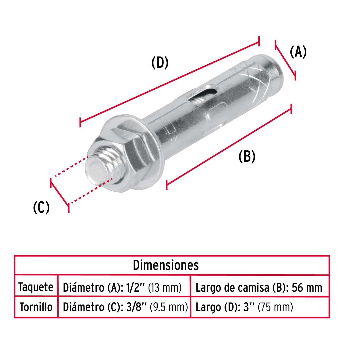 Taquete de expansión, 3/8" con tornillo, caja 50 piezas
