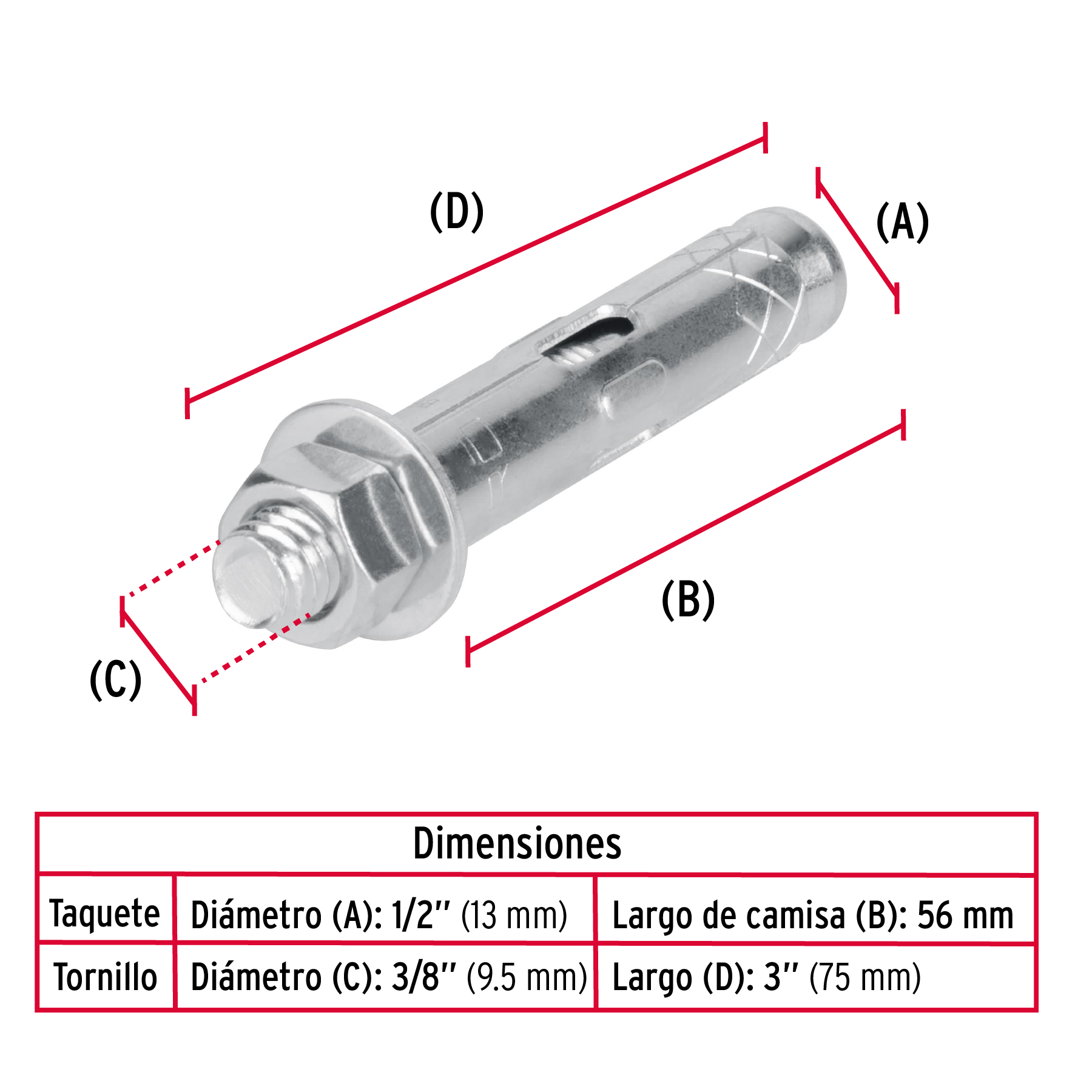 Taquete de expansión, 3/8" con tornillo, bolsa 4 piezas