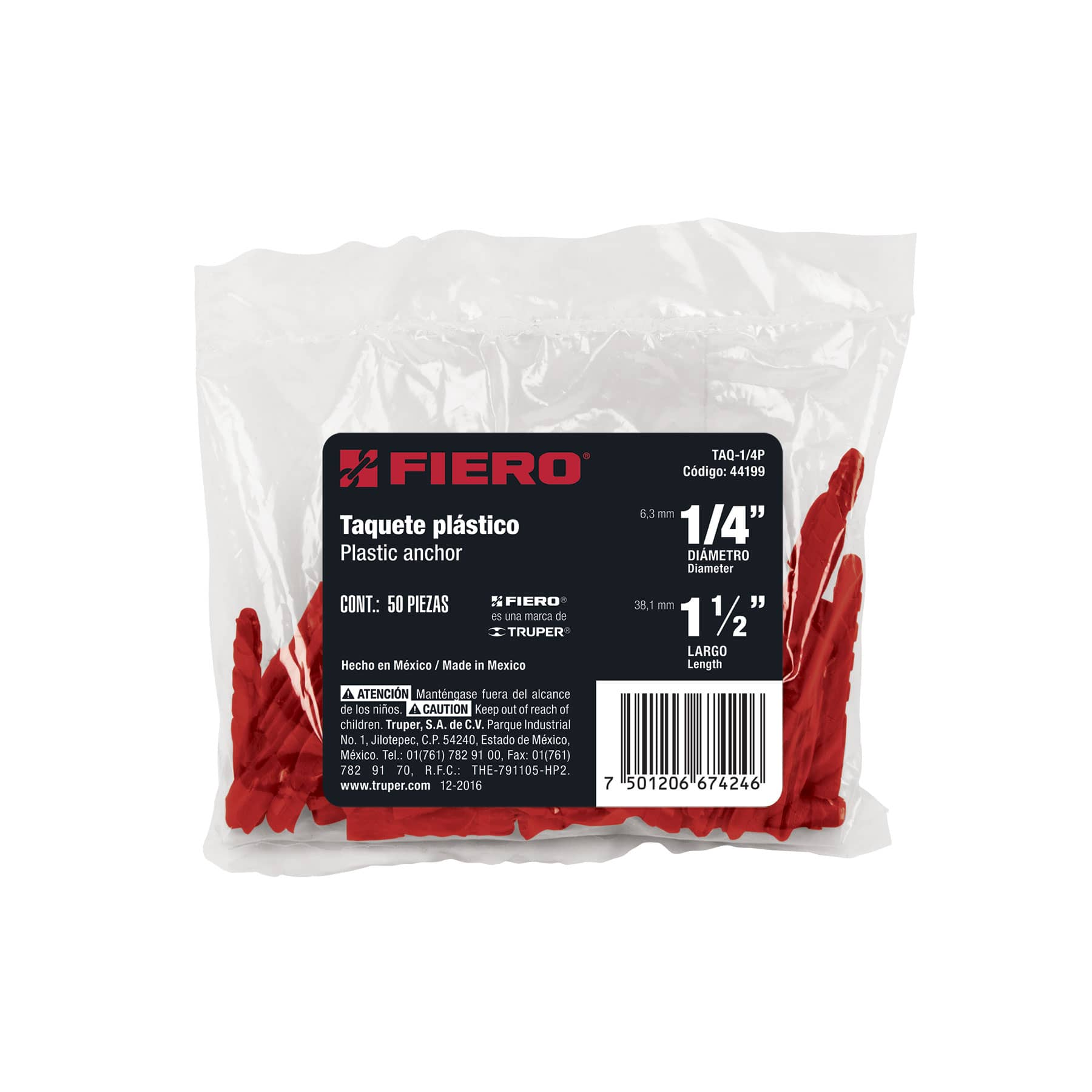 Taquete de 1/4", de plastico, bolsa 50 piezas
