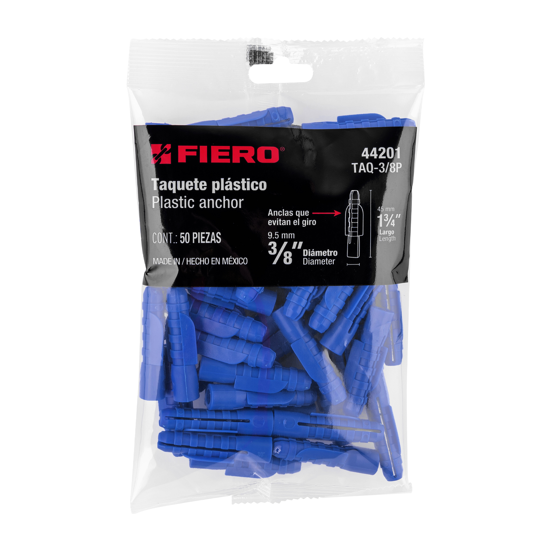 Taquete de 3/8", de plastico, bolsa 50 piezas