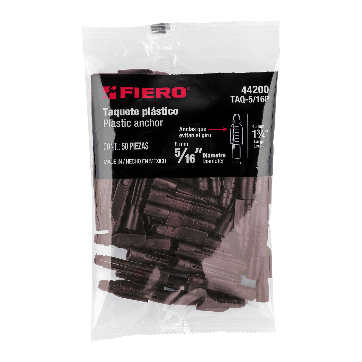 Taquete de 5/16", de plastico, bolsa 50 piezas