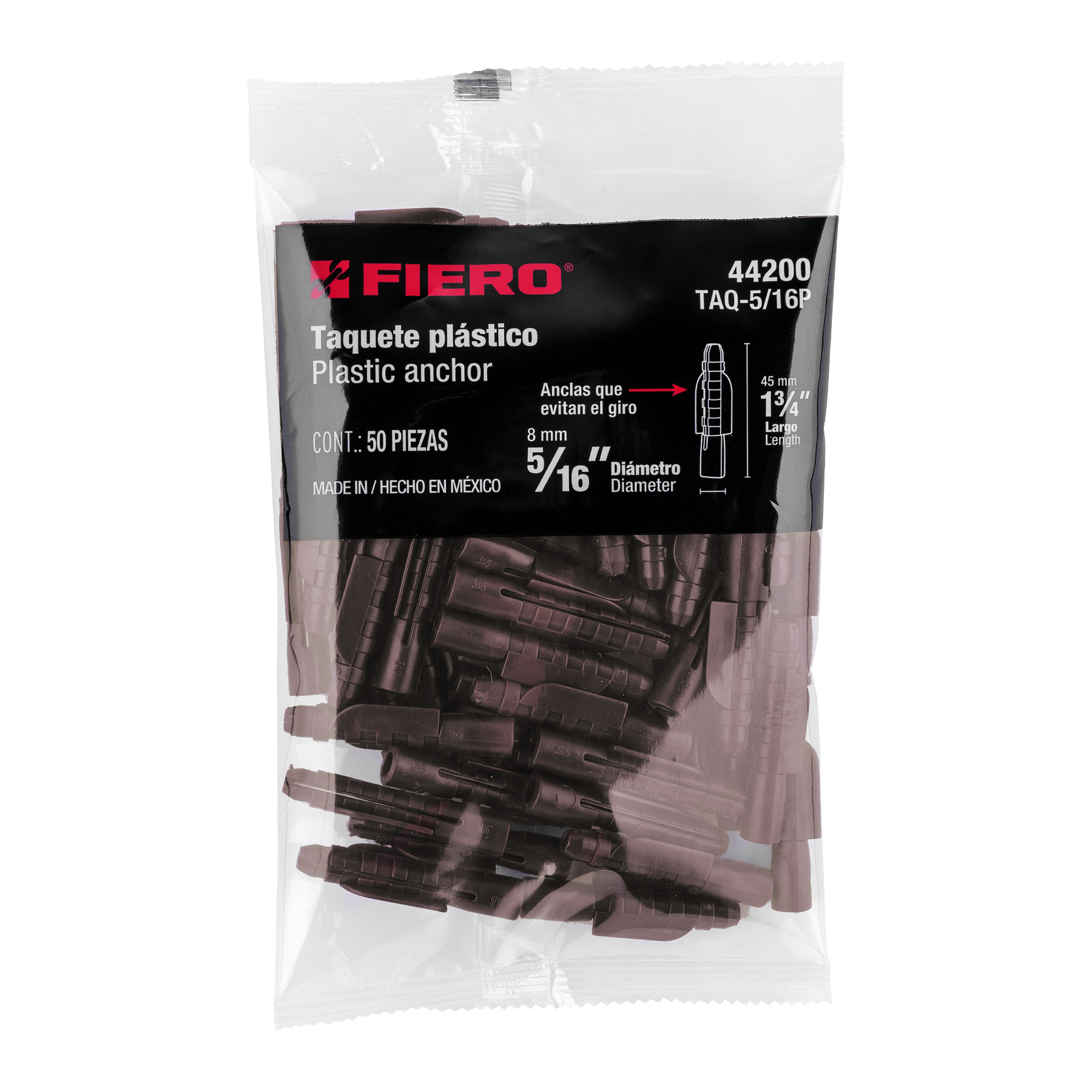 Taquete de 5/16", de plastico, bolsa 50 piezas