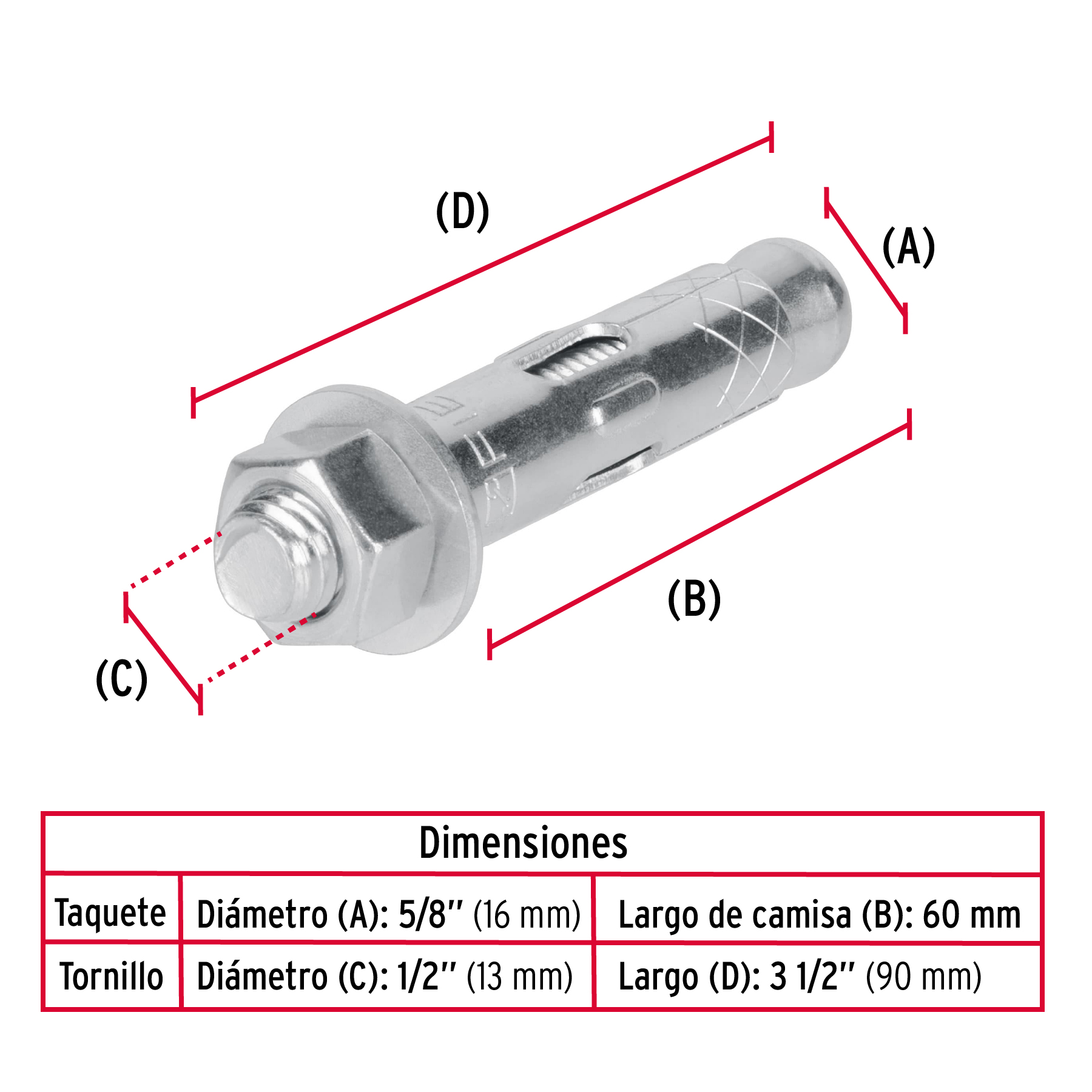 Taquete de expansión, 1/2" con tornillo, bolsa 2 piezas