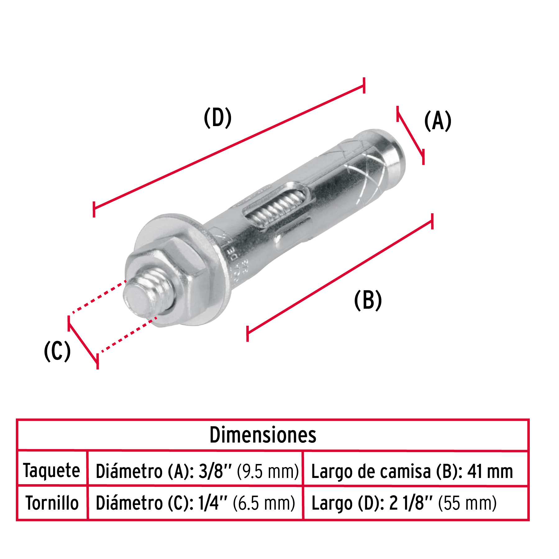 Taquete de expansión, 1/4" con tornillo, bolsa 4 pzas