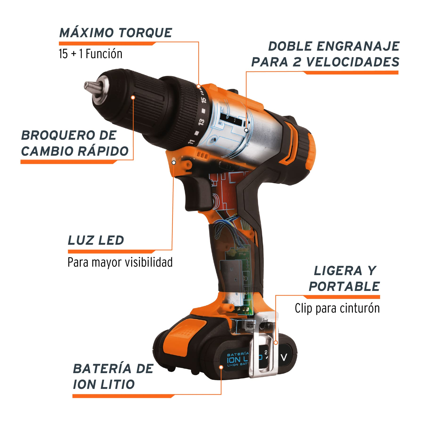 Taladro inalámbrico, batería ion litio, 12 V, 3/8"