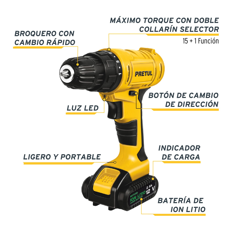 Taladro inalámbrico, batería ion litio 12 V Pretul