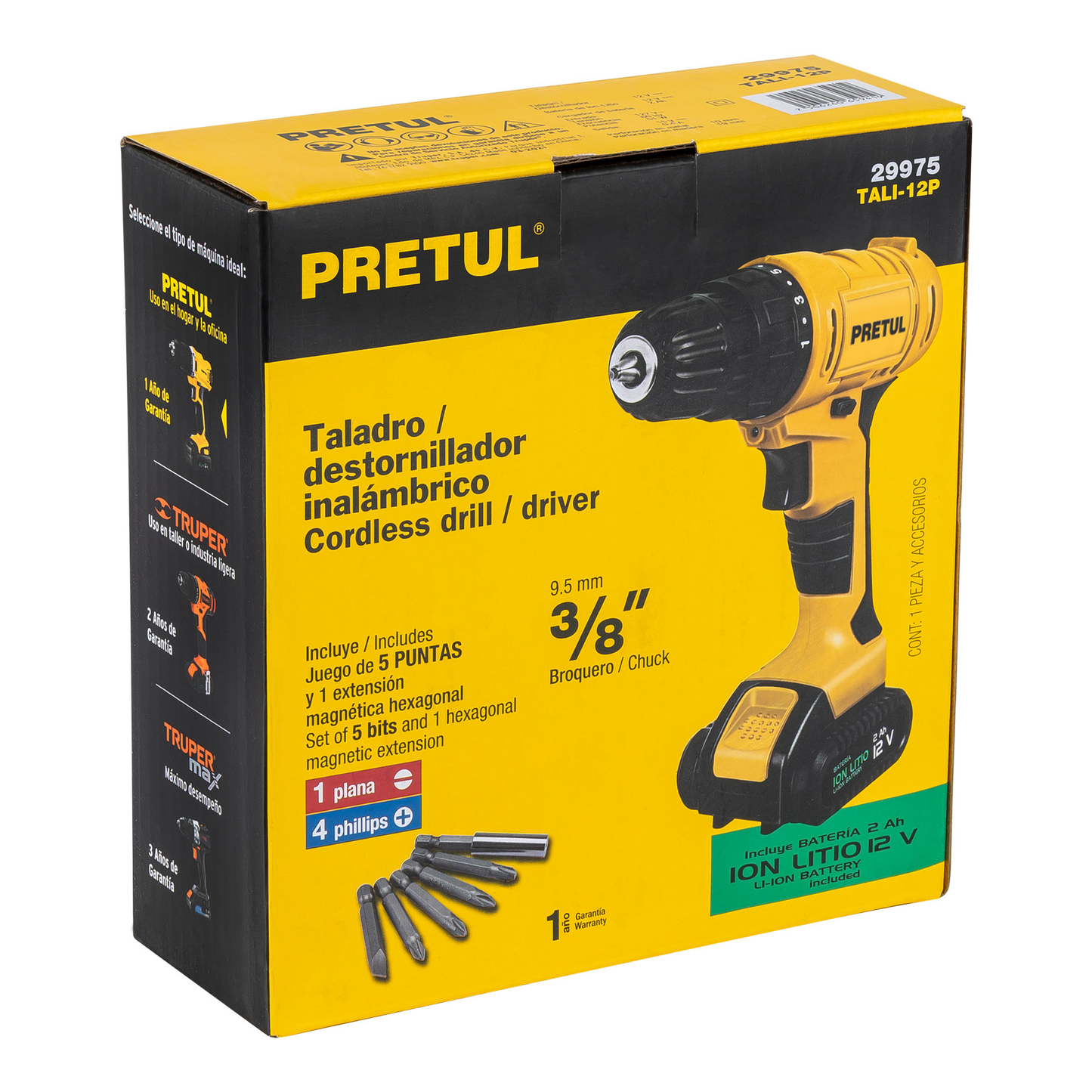 Taladro inalámbrico, batería ion litio 12 V Pretul