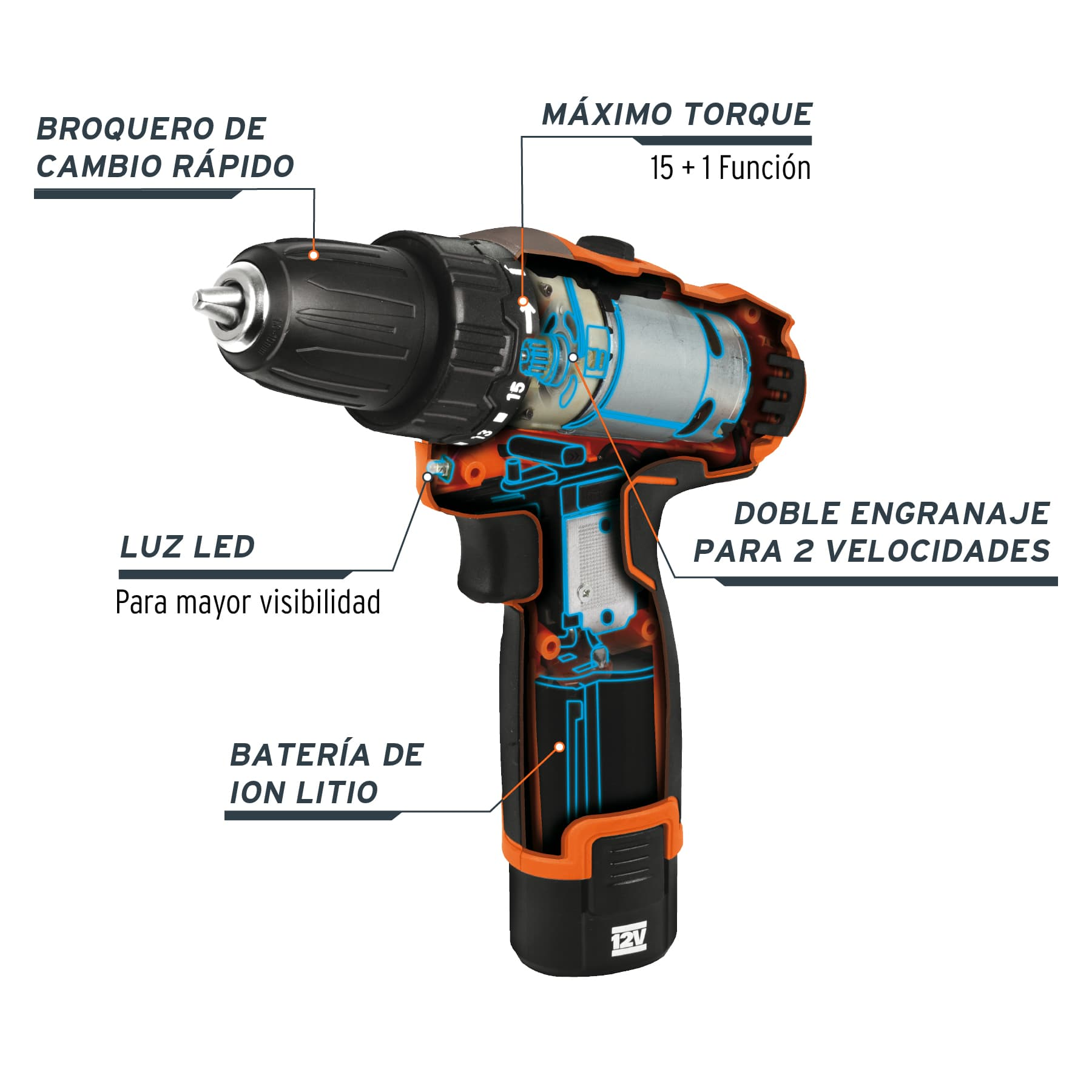 Taladro inalámbrico batería ión Litio 12 V, 3/8"