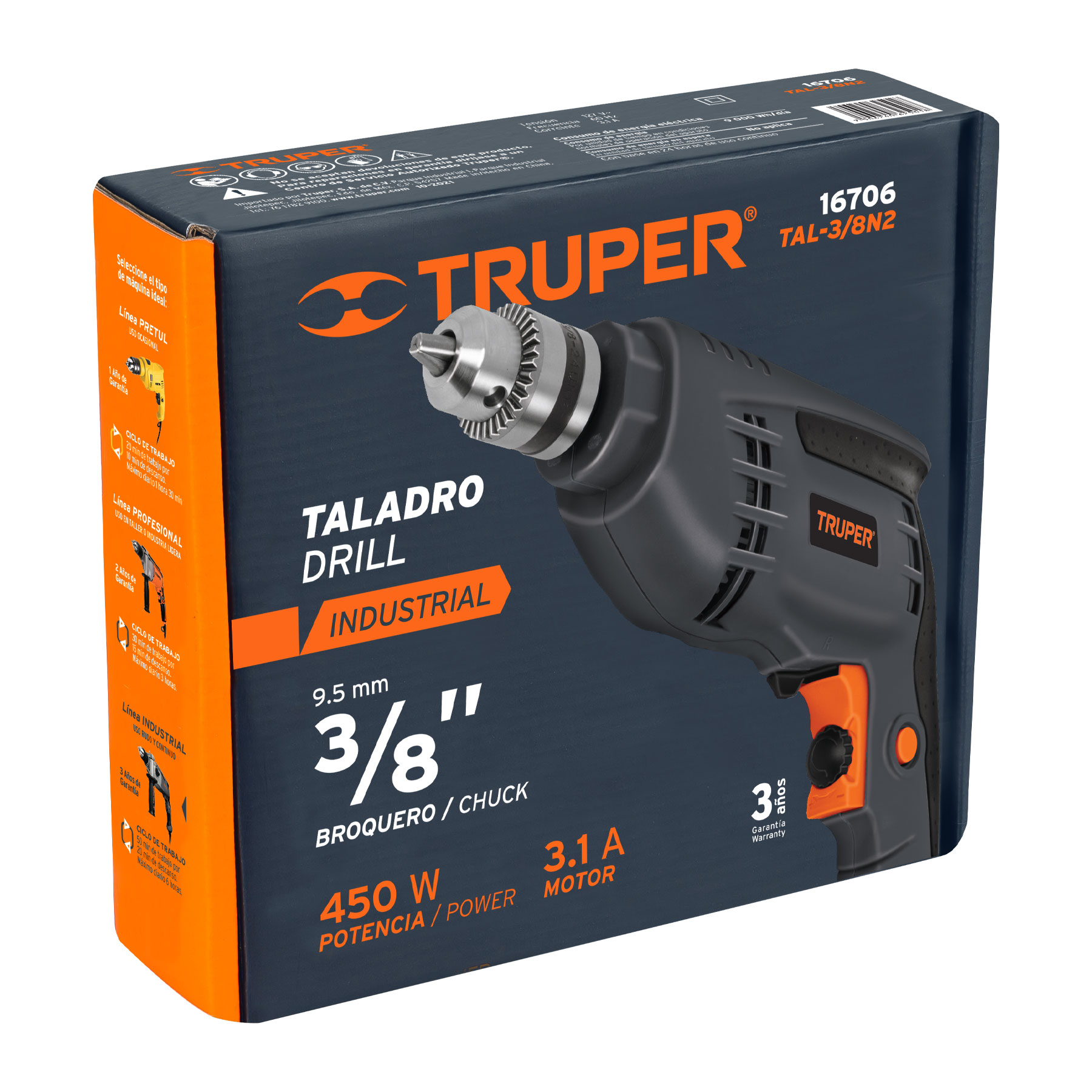 Taladro 3/8", industrial, 400 W