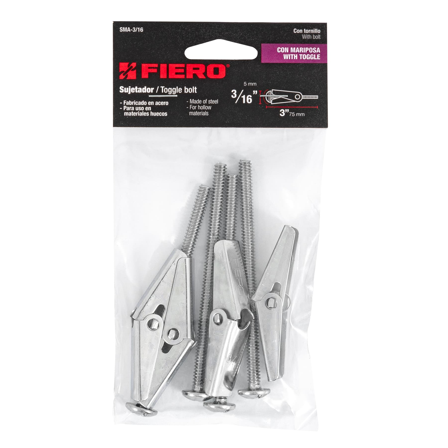 Sujetador tipo mariposa 3/16 X 3", bolsa 4 piezas