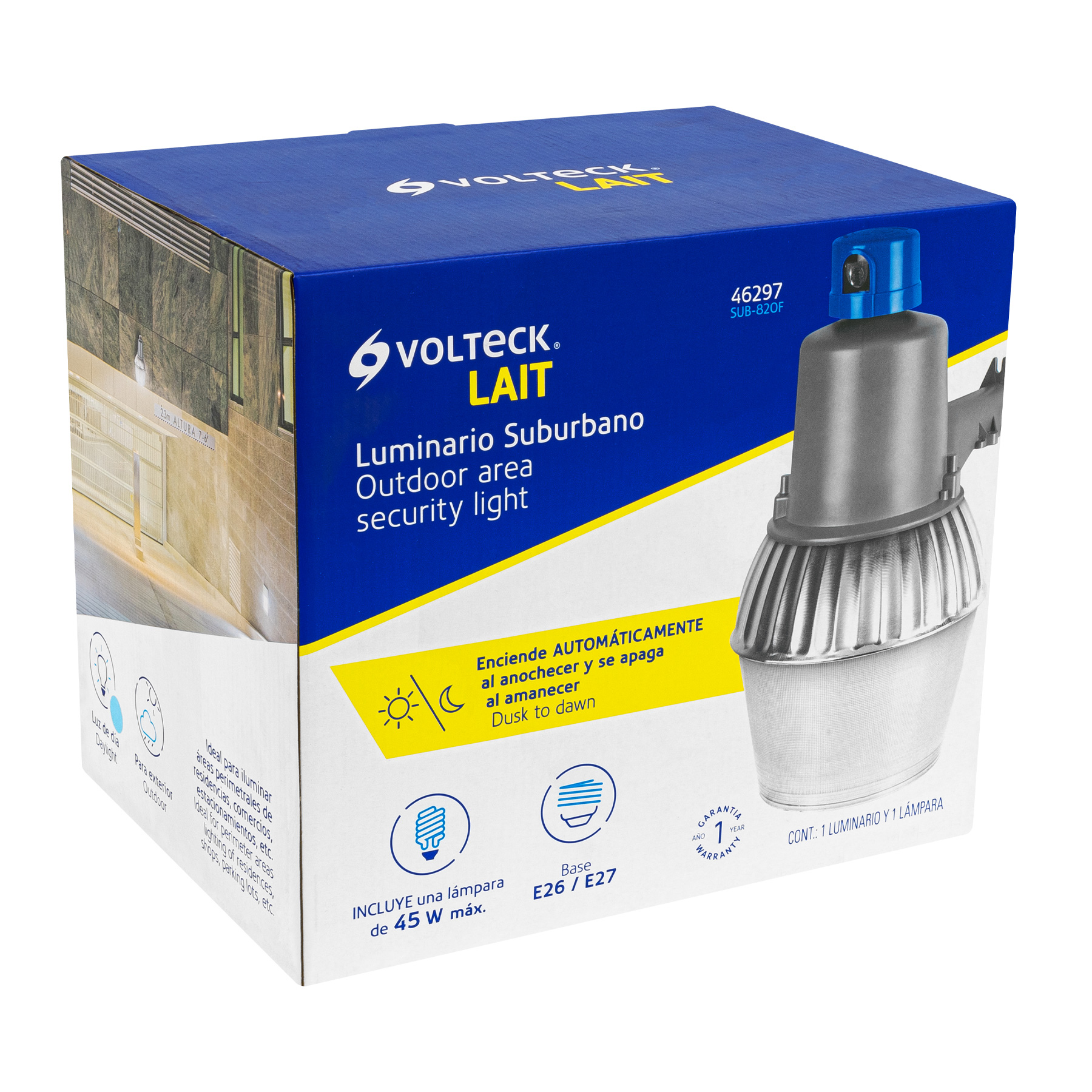 Suburbano metálico con fotocelda, 45W, 6500K, Fluorescente
