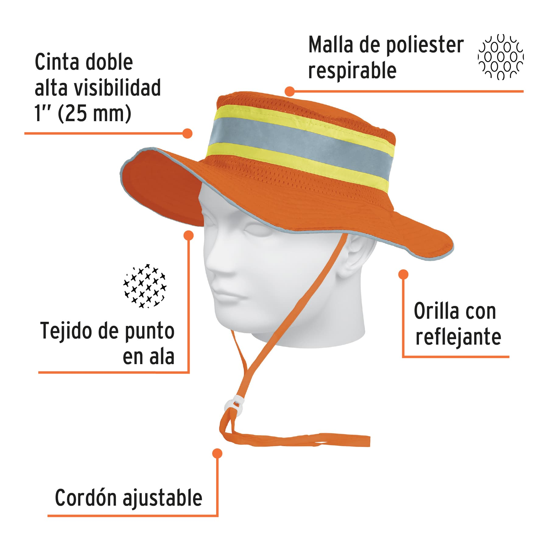 Sombrero alta visibilidad con reflejante, naranja