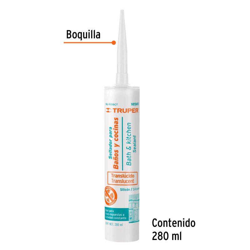 Silicón 100%, para baños y cocina, transparente