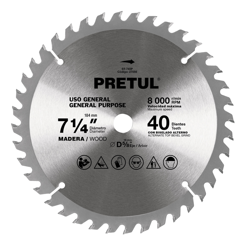 Sierra circular p/madera7-1/4",40 dientes,centro 5/8",Pretul