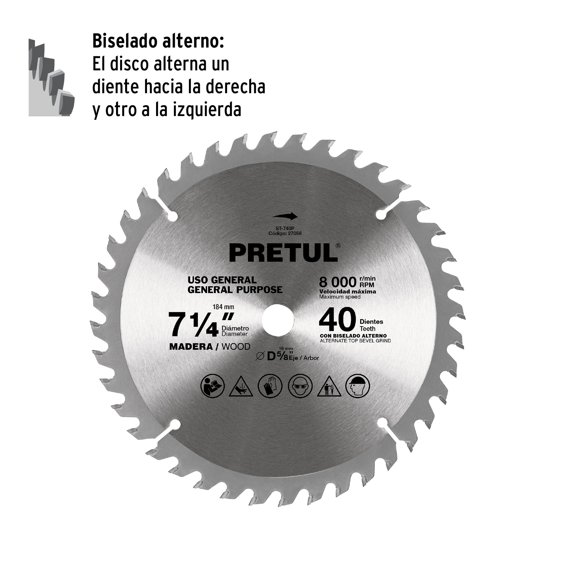 Sierra circular p/madera7-1/4",40 dientes,centro 5/8",Pretul