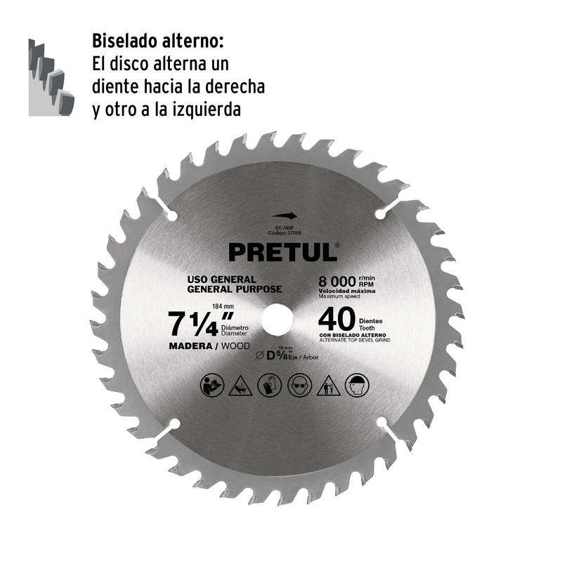 Sierra circular p/madera7-1/4",40 dientes,centro 5/8",Pretul