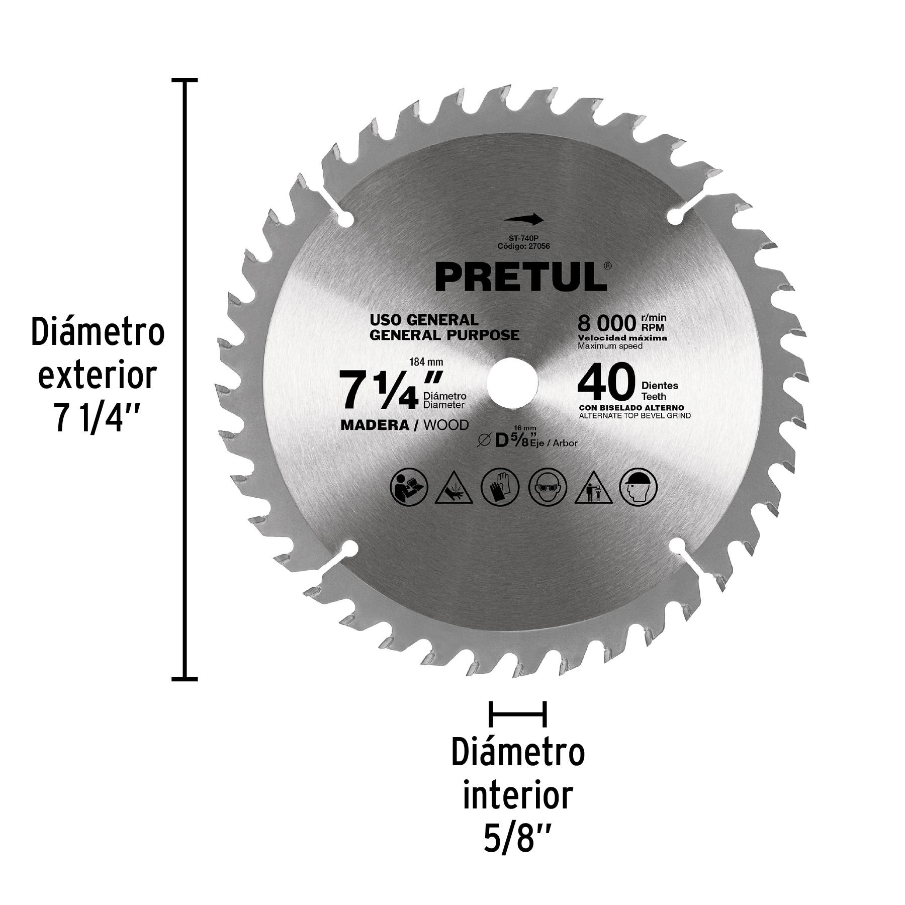 Sierra circular p/madera7-1/4",40 dientes,centro 5/8",Pretul