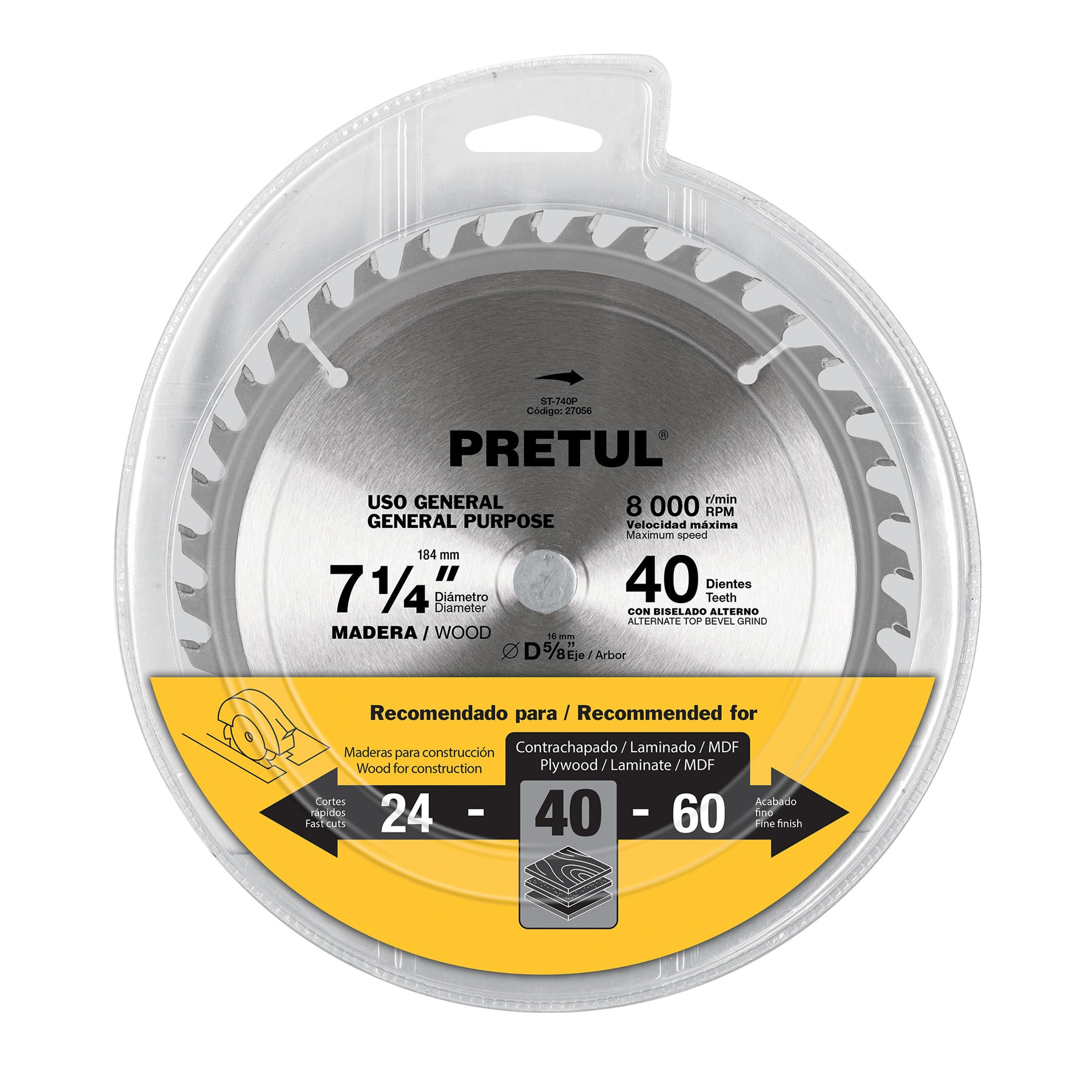 Sierra circular p/madera7-1/4",40 dientes,centro 5/8",Pretul