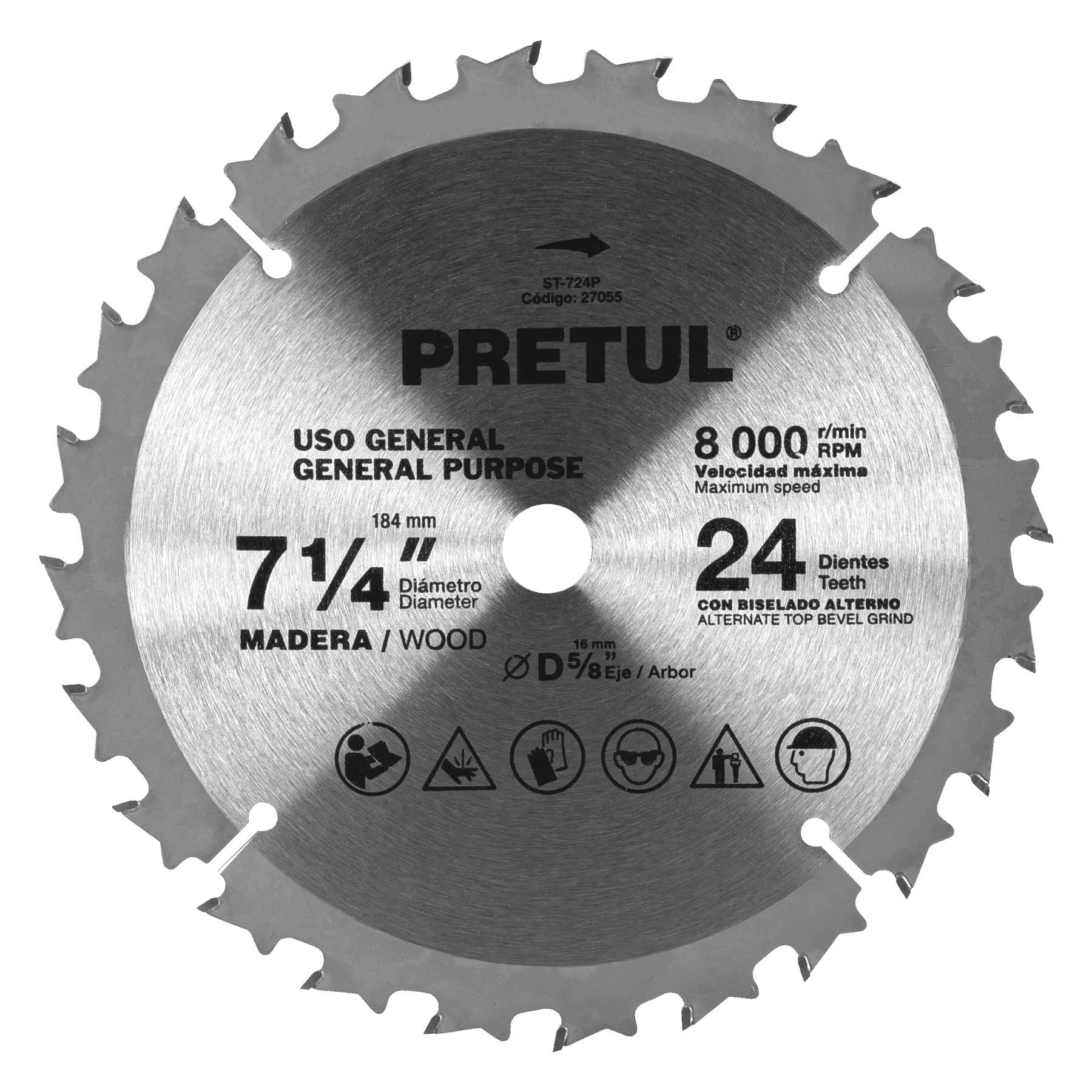 Sierra circular p/madera7-1/4",24 dientes,centro 5/8",Pretul