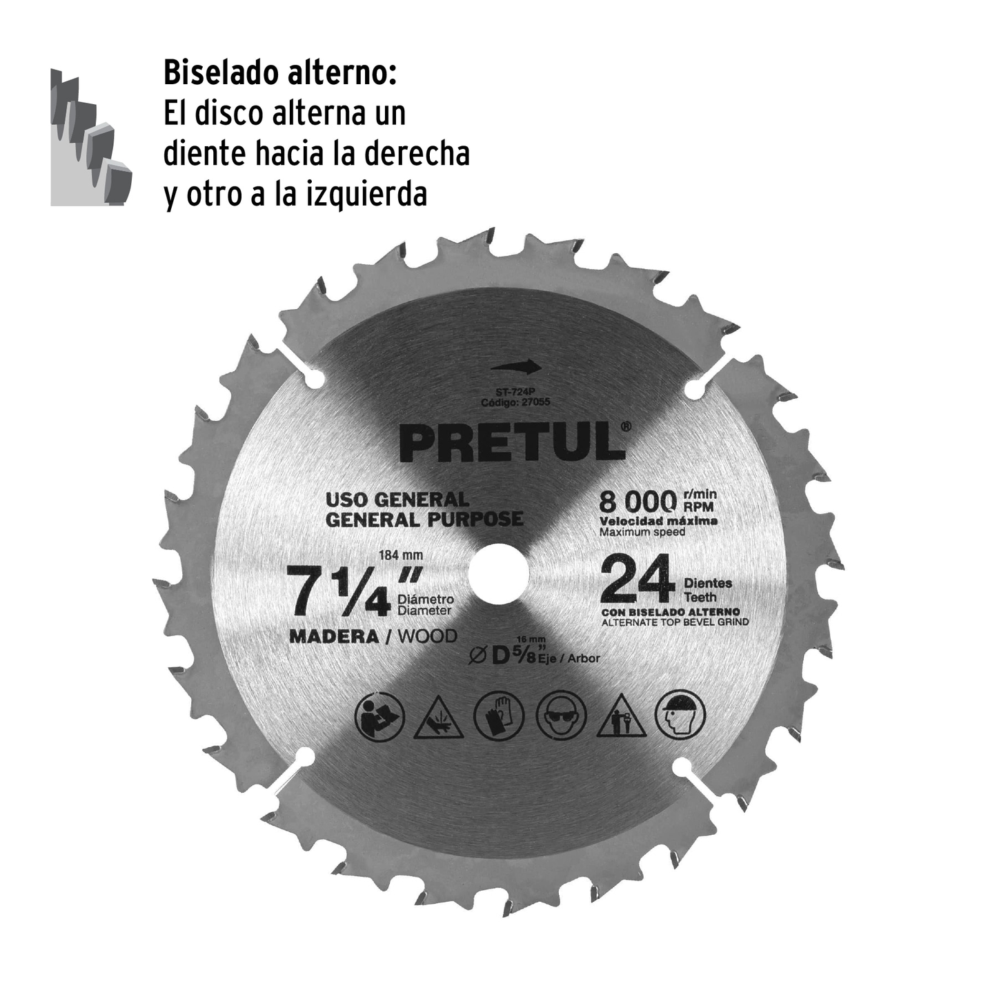 Sierra circular p/madera7-1/4",24 dientes,centro 5/8",Pretul