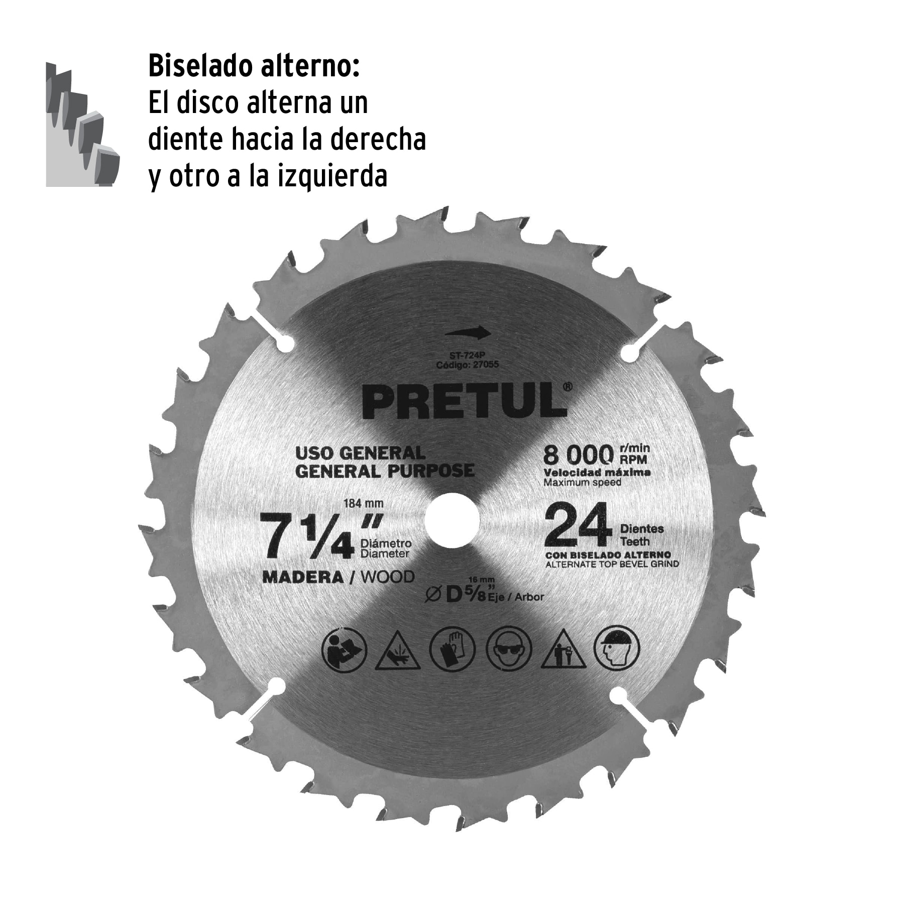 Sierra circular p/madera7-1/4",24 dientes,centro 5/8",Pretul