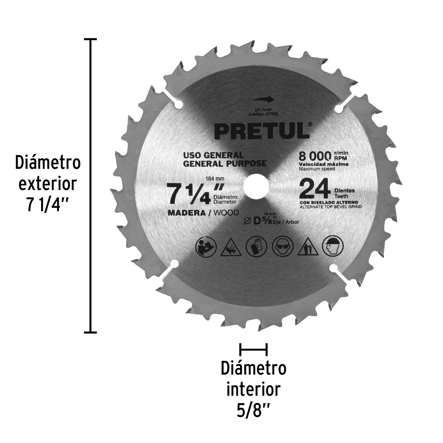 Sierra circular p/madera7-1/4",24 dientes,centro 5/8",Pretul