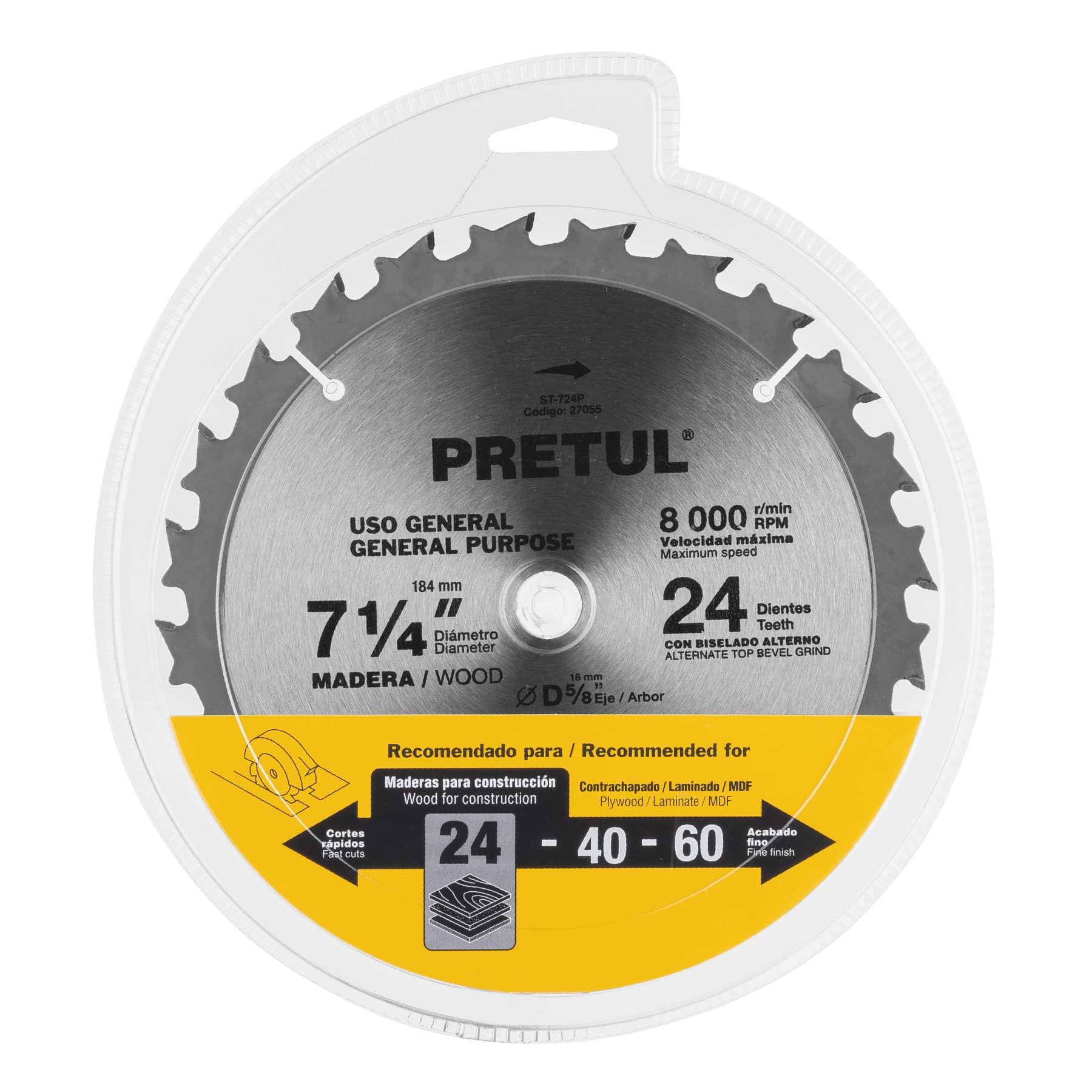 Sierra circular p/madera7-1/4",24 dientes,centro 5/8",Pretul