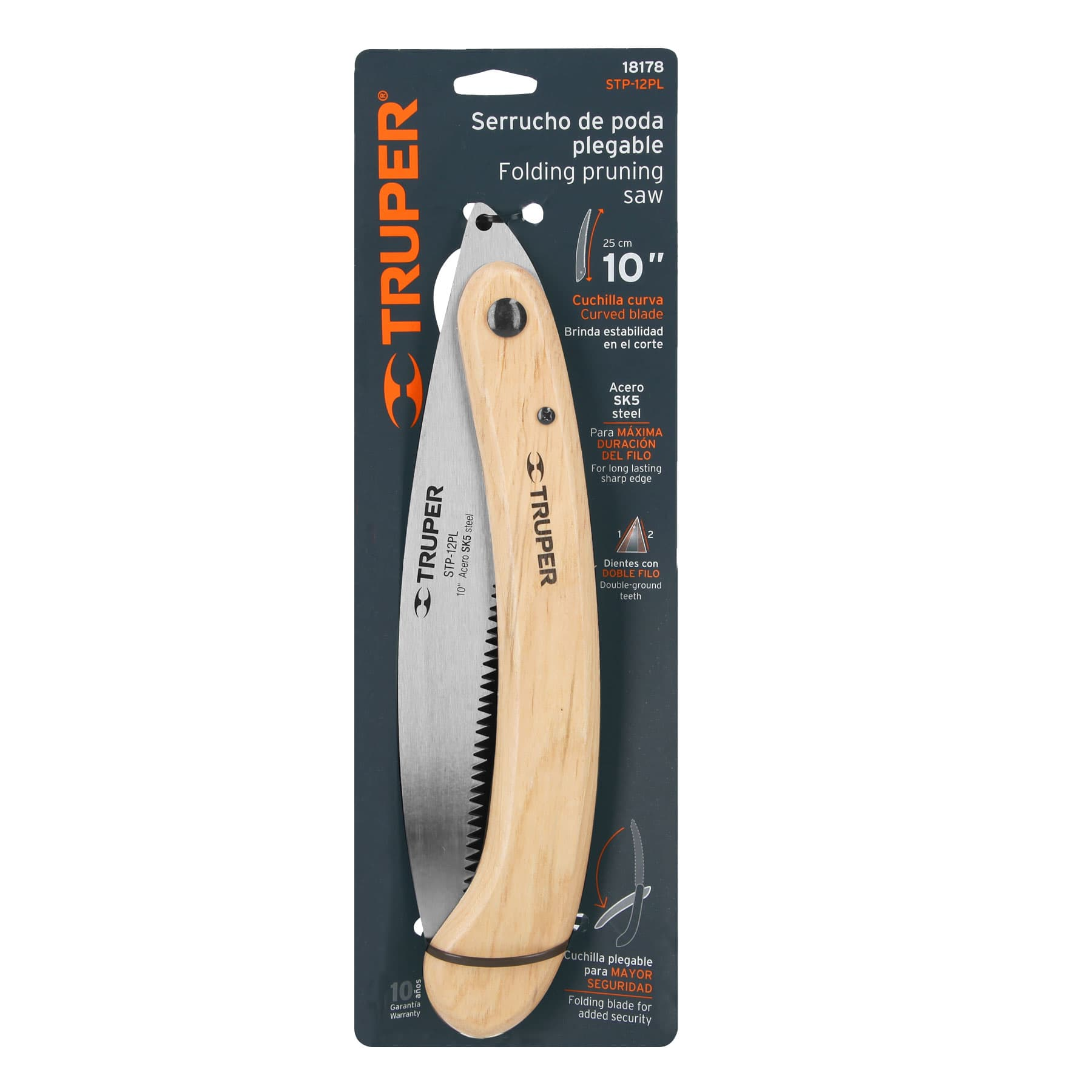 Serrucho de poda 12", plegable, mango de madera, 6 DPP