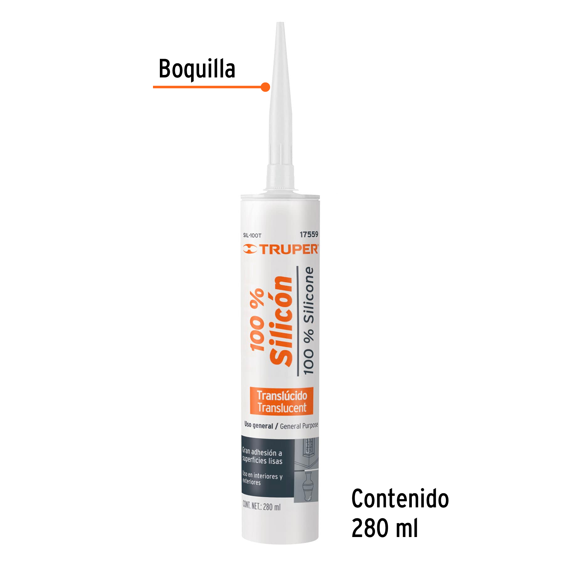 Sellador transparente, 100% de silicón, 280 ml