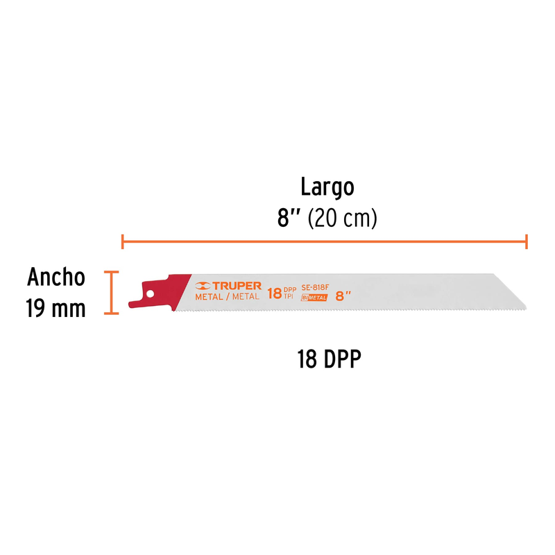 Segueta sierra sable, 8", 18 DPP, recta para metales, 2 pzas