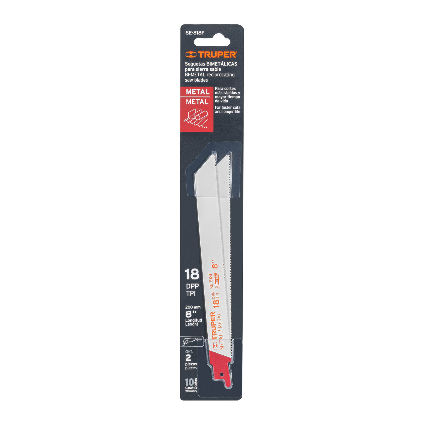 Segueta sierra sable, 8", 18 DPP, recta para metales, 2 pzas