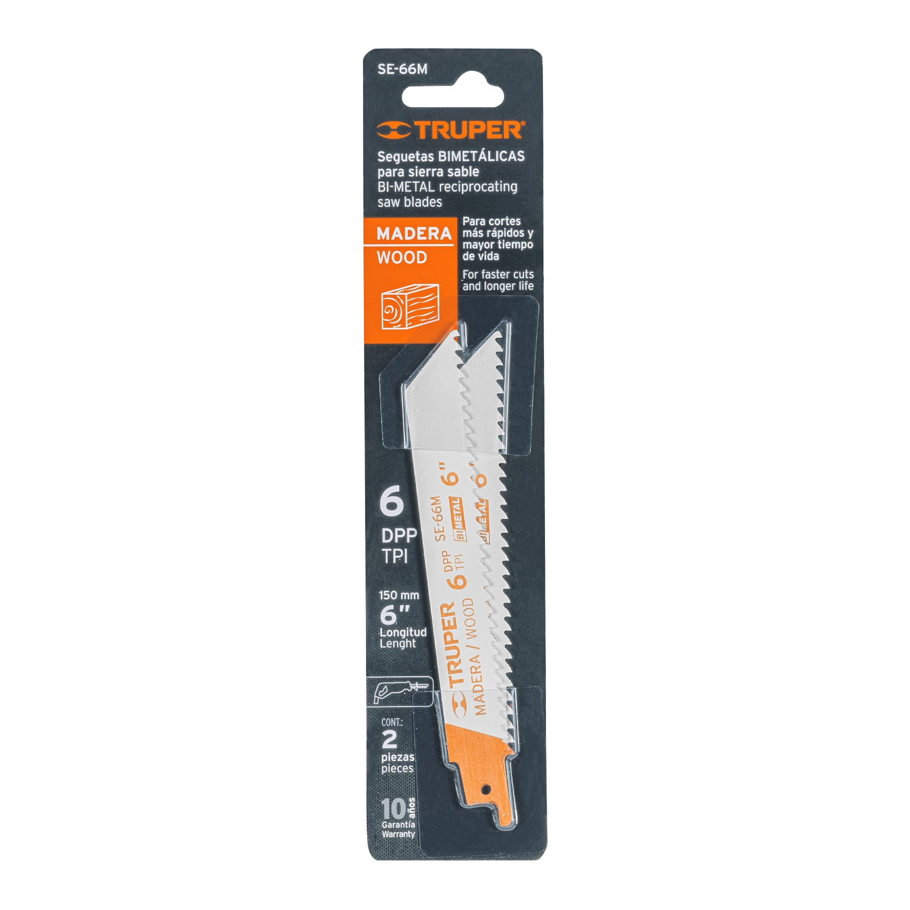 Segueta sierra sable, 6", 6 DPP, recta para madera, 2 pzas