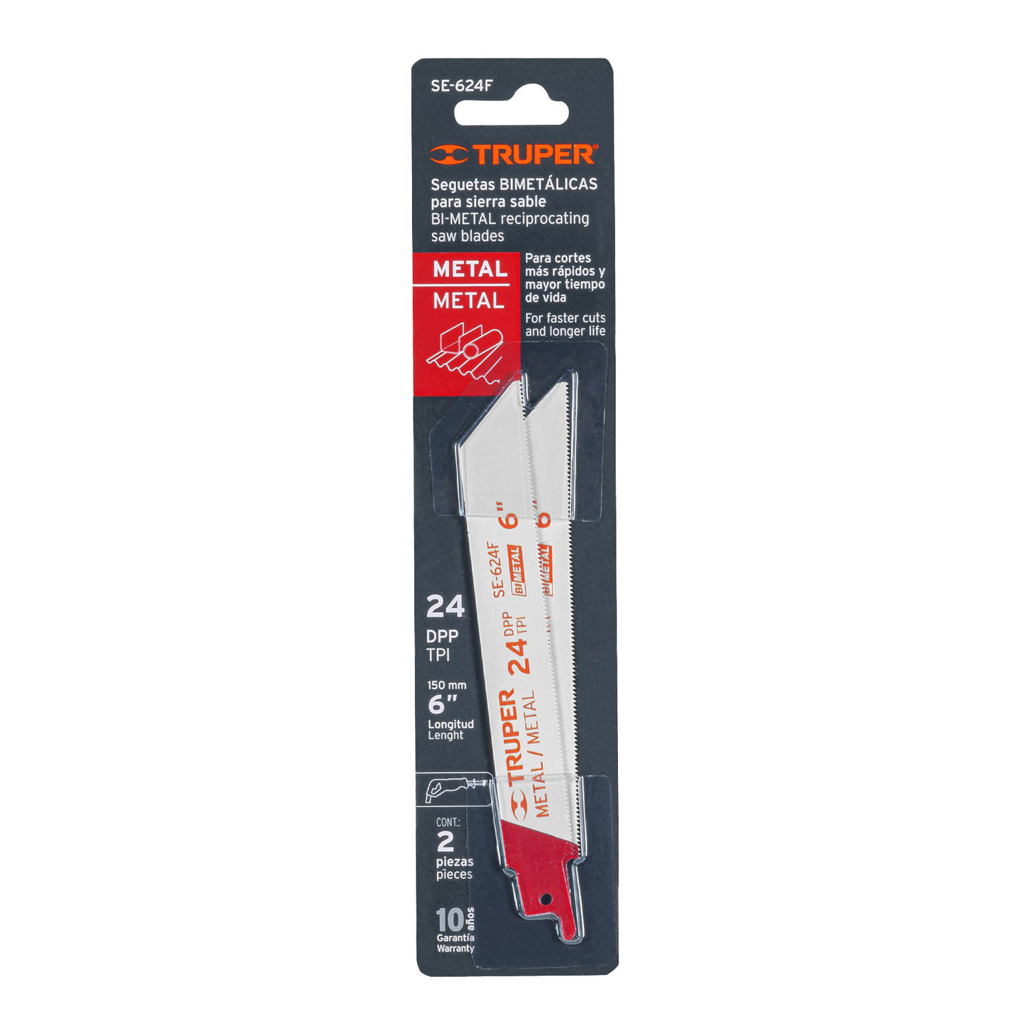 Segueta sierra sable, 6", 24 DPP, recta para metales, 2 pzas