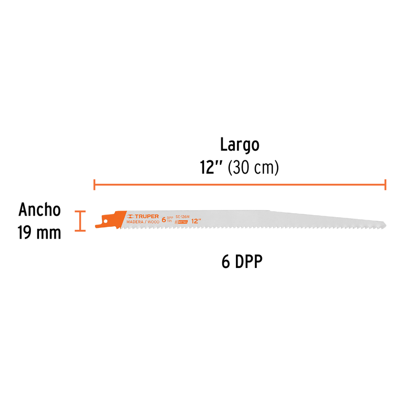 Segueta sierra sable, 12", 6 DPP, cónica para madera, 2 pzas