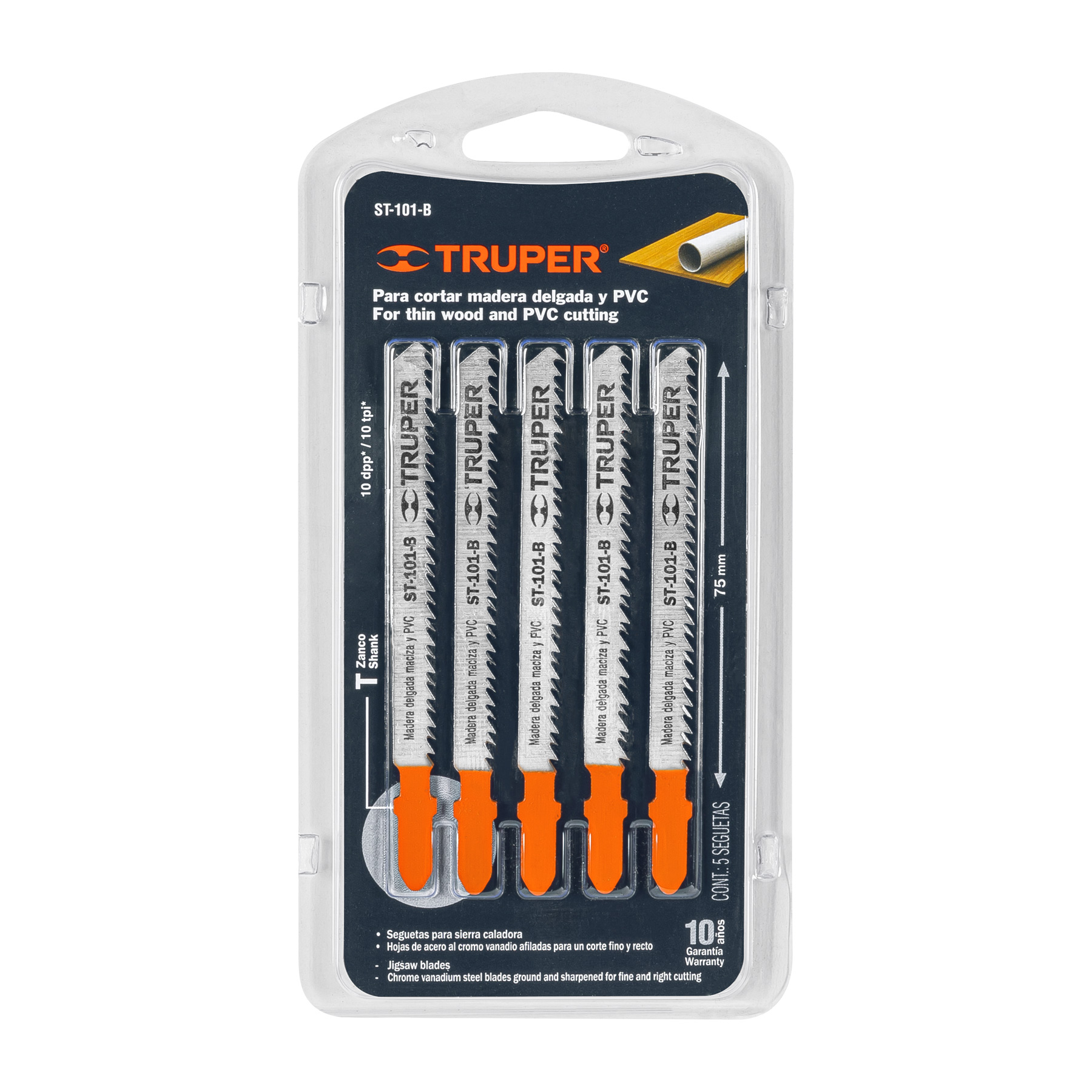 Segueta caladora,cortes rectos madera,zanco t,10dpp,5 pzas