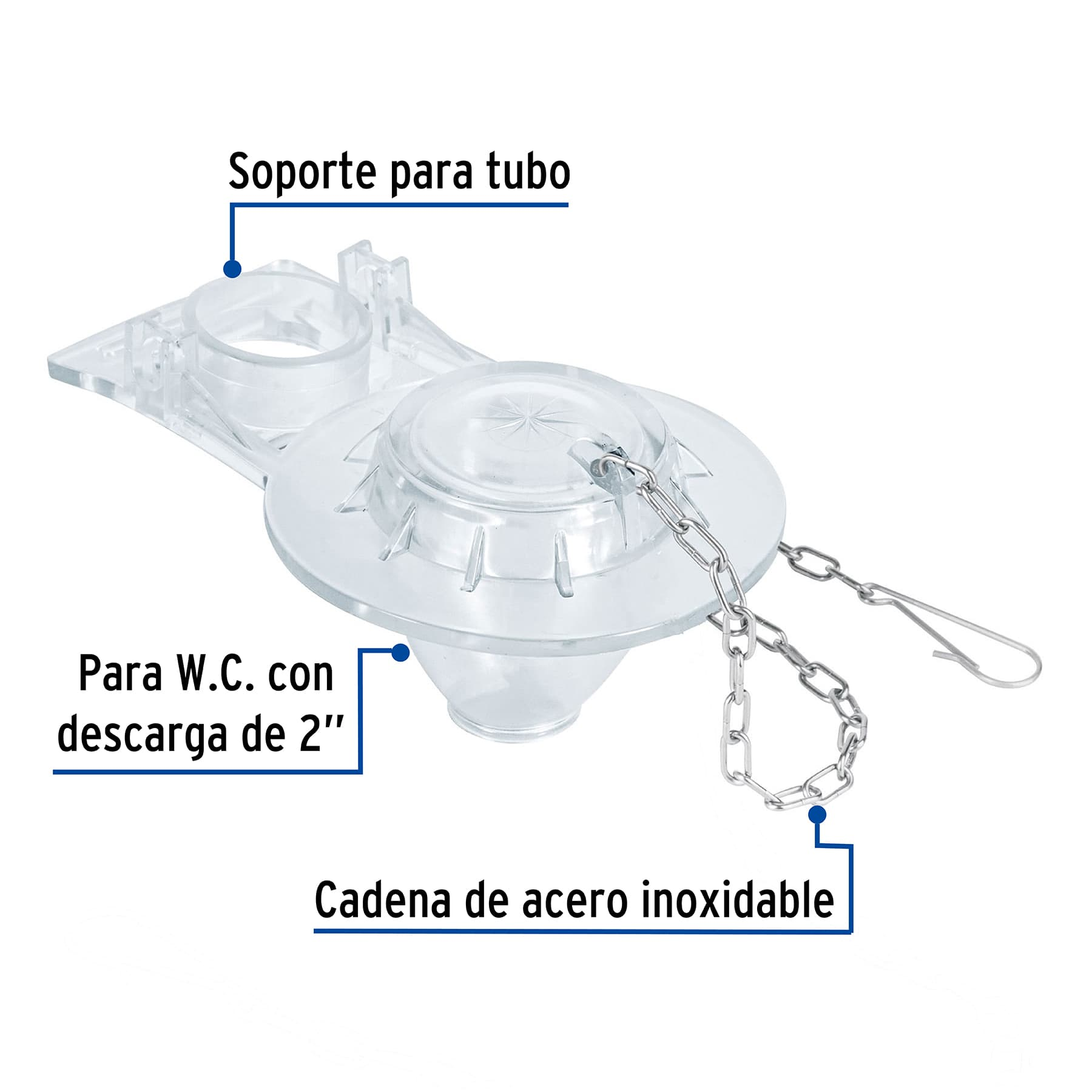 Sapo para WC, PVC transparente con cadena inoxidable, 2"